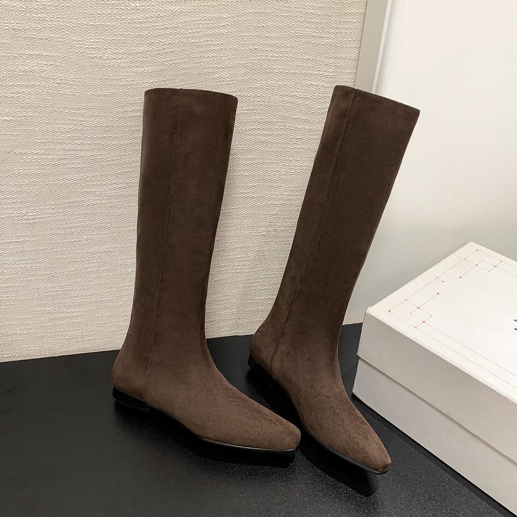 2025 autumn and winter new cow flip high knight boots British style fashion simple low heel one pedal long boots women