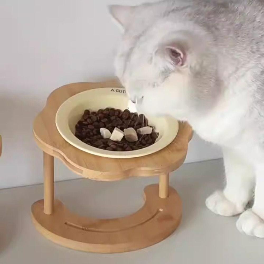 Cute Cat Bowl Wooden Pet Drinking Feeder Pet Supplies Pet High Foot Bowl Water Container
