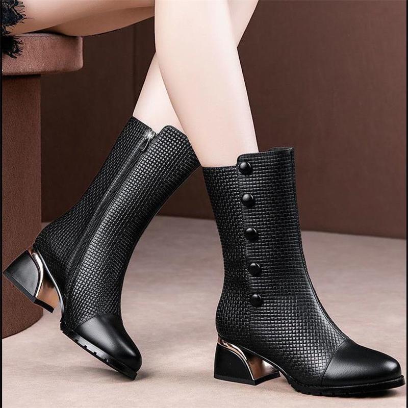 Móda CINESSD 2025 Nové Zimní Kožené Módní Dámské Kozačky Hlava Hovězí Kůže Špičaté Silný Podpatek Kotníkové Kozačky Šaty Dárek Ovčí Kůže