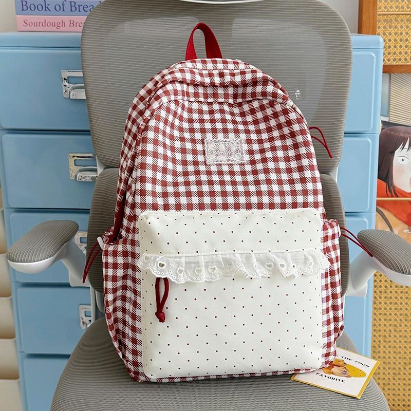 Schoolbag Milk Fufu Plaid Corrugated Lace Girl Heart Travel Small Backpack Japanese Sweet Wind Student Party Backpack