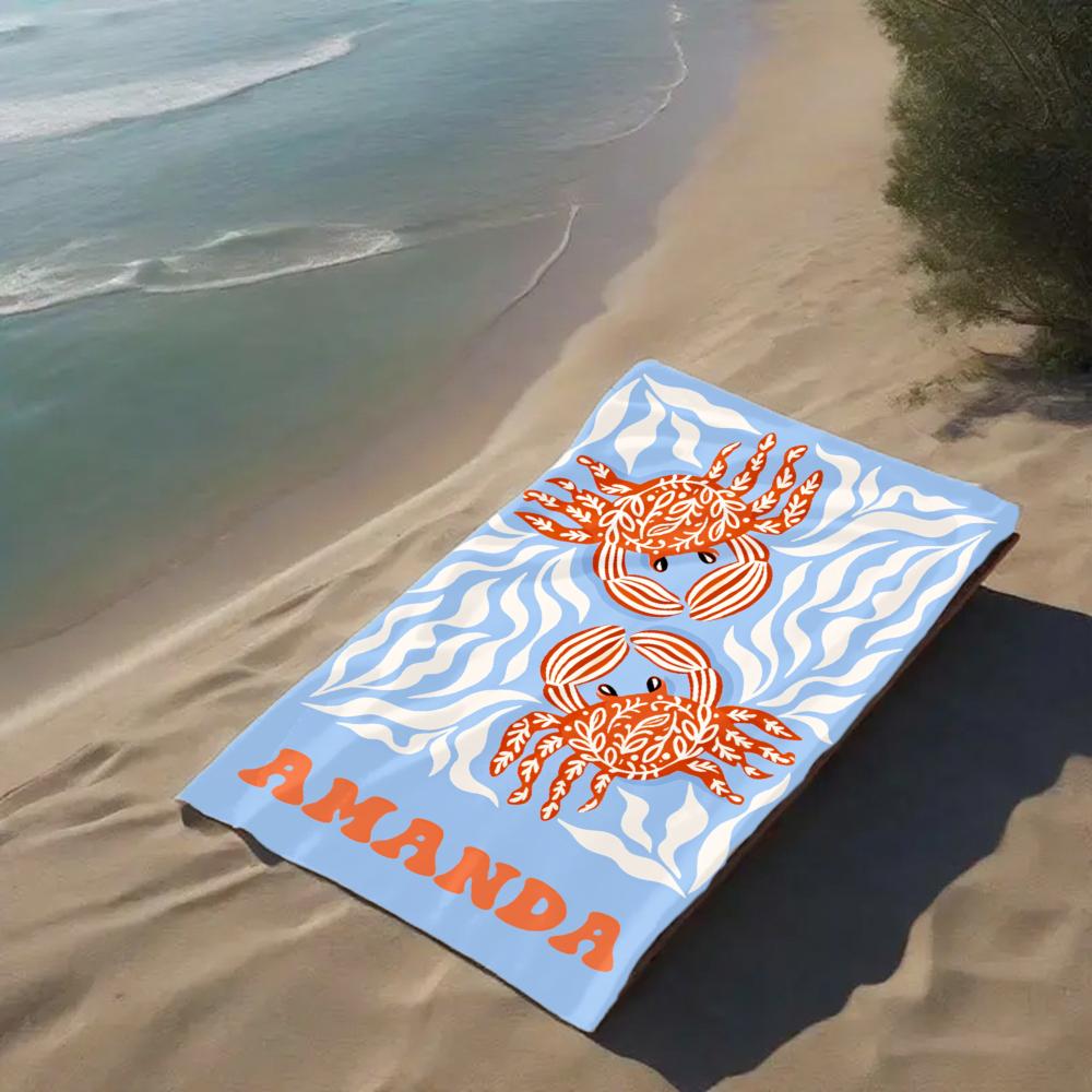 Custom Name Crab Beach Towel 1pc Personalized Lightweight Absorbent Towel for Beach Pool Wholesale Kids Summer Essentials