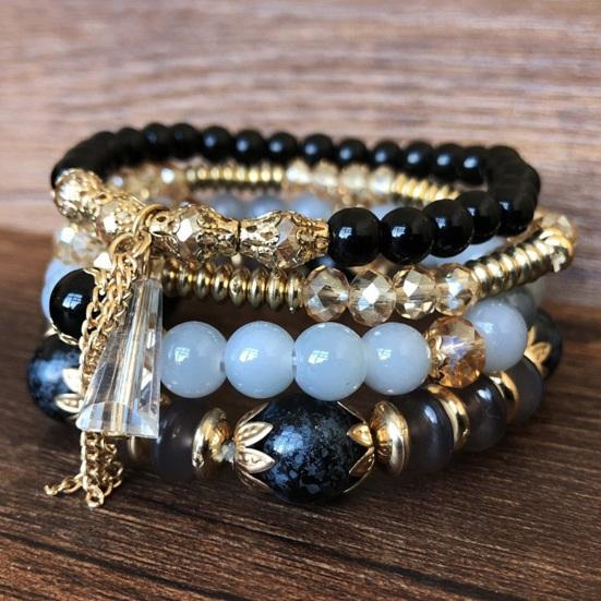 4Pcs Women Bracelets Faux Crystal Smooth Multi Pendant Jewelry Retro Bohemian Style with Elastic Cord Multi-layered Stackable Bracelet Set