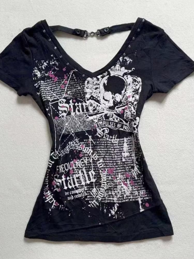 

Американская винтажная поддельная футболка из двух частей женская уличная хип-хоп готика Харадзюку гранж Y2k укороченные топы черные черепа панк футболки M