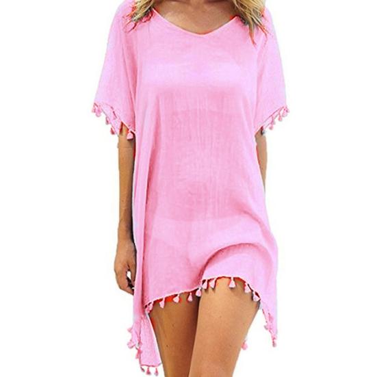 Summer Fashion Solid Color Tassel Chiffon Women Swimwear Bikini Cover Up Dress