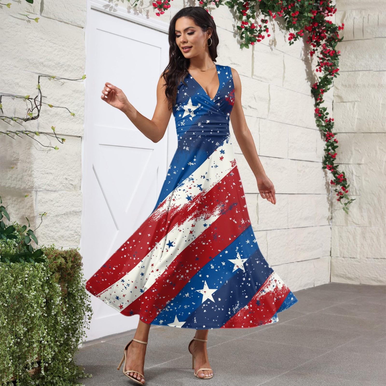 

Women s Casual And Fashionable Independence Day Printed V-Neck Sleeveless Dress Dress L синій