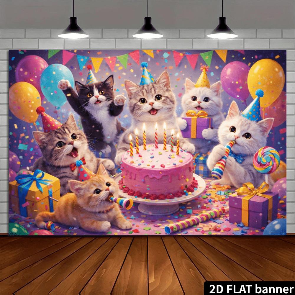 2D Plane Purple-toned Cat Birthday Background Cloth - Durable Polyester Fabric