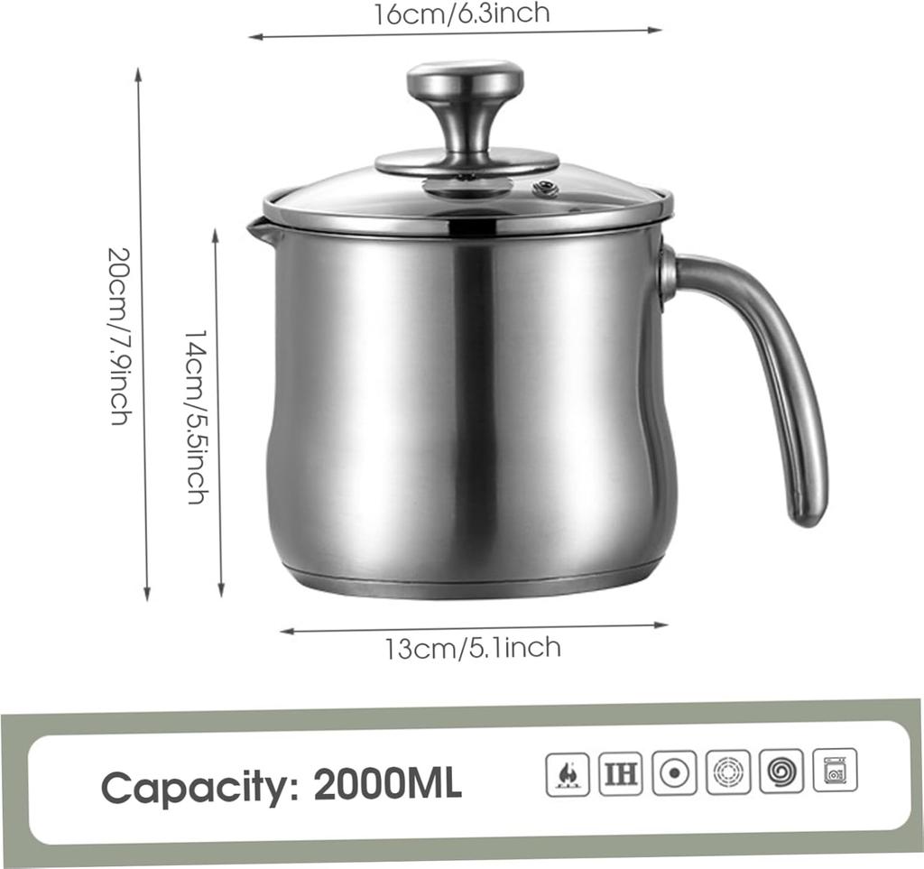 2 liter stainless steel milk pot with guide nozzle glass lid and handle suitable for cooking milk sauce gravy pasta soup and daily kitchen