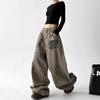 Women's Autumn Post-Apocalyptic Style Wide Leg Jeans - Dirty Dyed Print, Loose Curved Leg, Floor-Length Jazz Pants