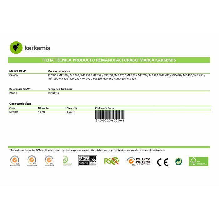 Cartouche D'encre Remanufacturée - Karkemis - Noir - 17 Ml - Compatible Canon PIXMA - Produit Écologique