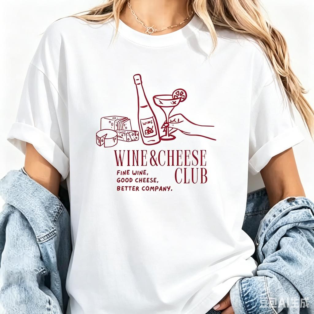 Unisex Wijn en Kaas Club Patroon Y2k Ronde Hals T-shirt Zomer Lente Korte Mouwen Grafische T-shirts Zomer Streetwear Y2K