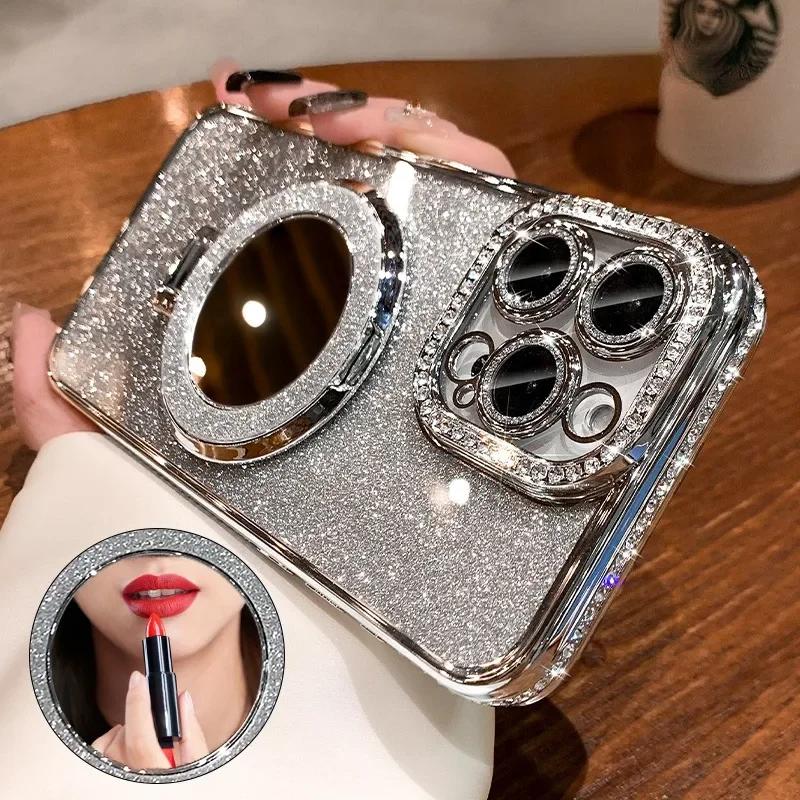 Luxury Diamond Clear Glitter Magsafe Case suit For iPhone 16 14 13 12 11 Pro Max 15Plus Mirror Magnetic Phone Holder Stand Cover
