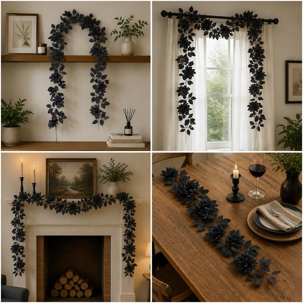 Artificial Dahlia Vine Garland with 26 Branches Faux Rose Leaf Decorative Hanging Flower for Home Wedding Event Archway Doorway Wall Decor