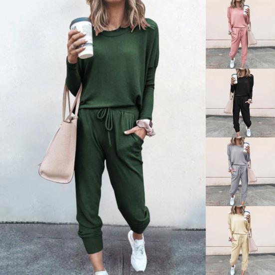 2 Pcs/Set Women Suit O Neck Solid Color Loose Simple Pants Suit for Daily Wear