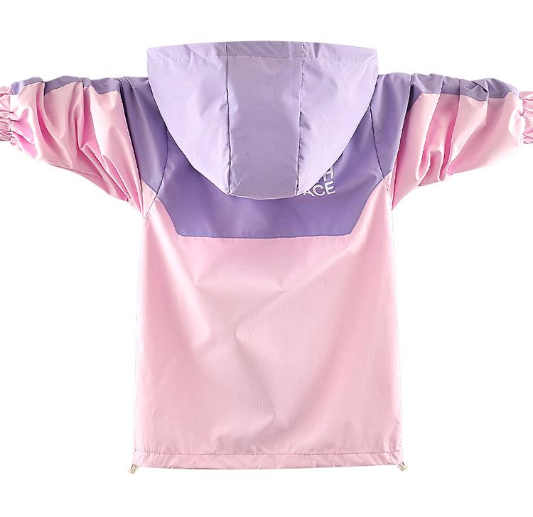 Girls' Spring and Autumn Color Block Windbreaker: Children's Fashionable Hooded Jacket