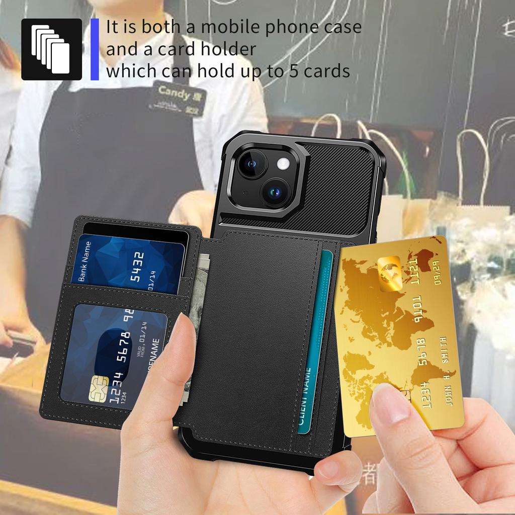 For iPhone 15 Plus Card Slots Wallet Phone Case PU Leather+TPU Anti-fall Cover Support Magnetic Car Mount
