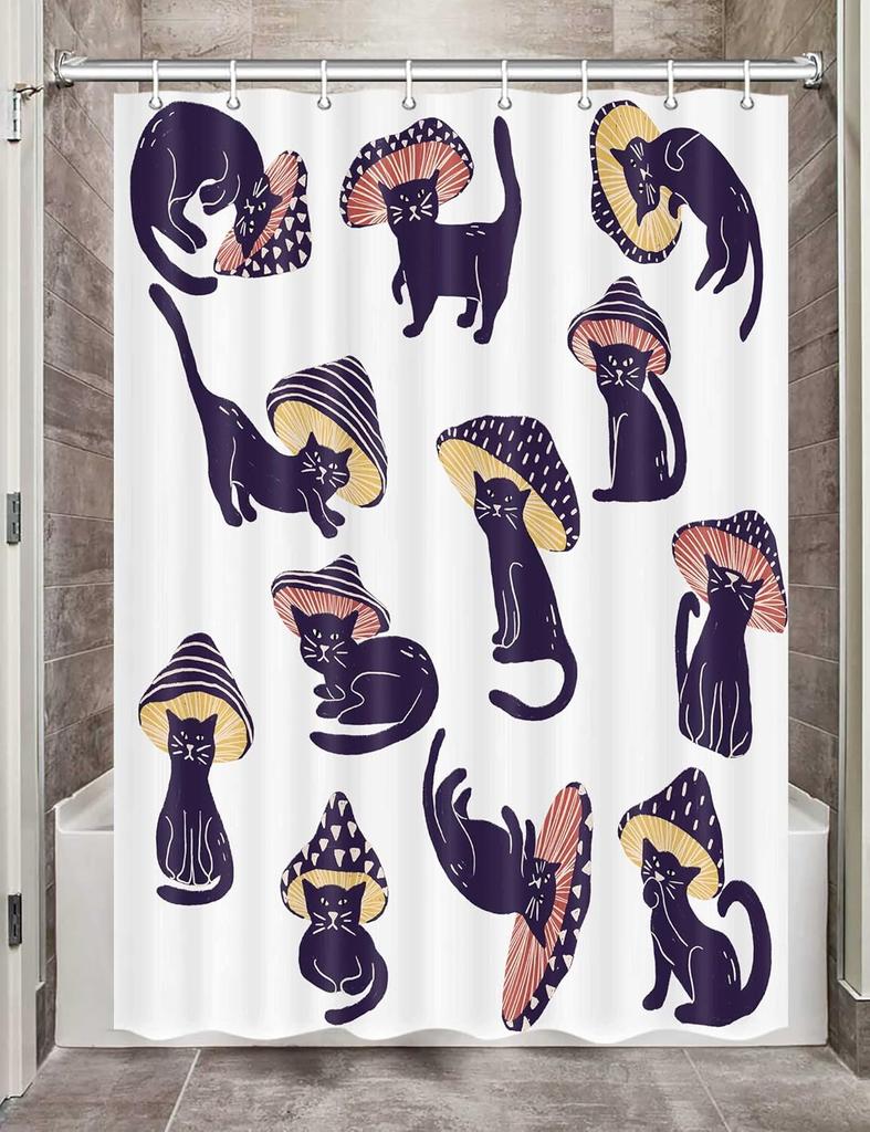 Cute Cat Shower Curtain, Funny Animal Cartoon Cat Floral Wildflower Black Fabric Shower Curtains Set for Bathroom Decorative
