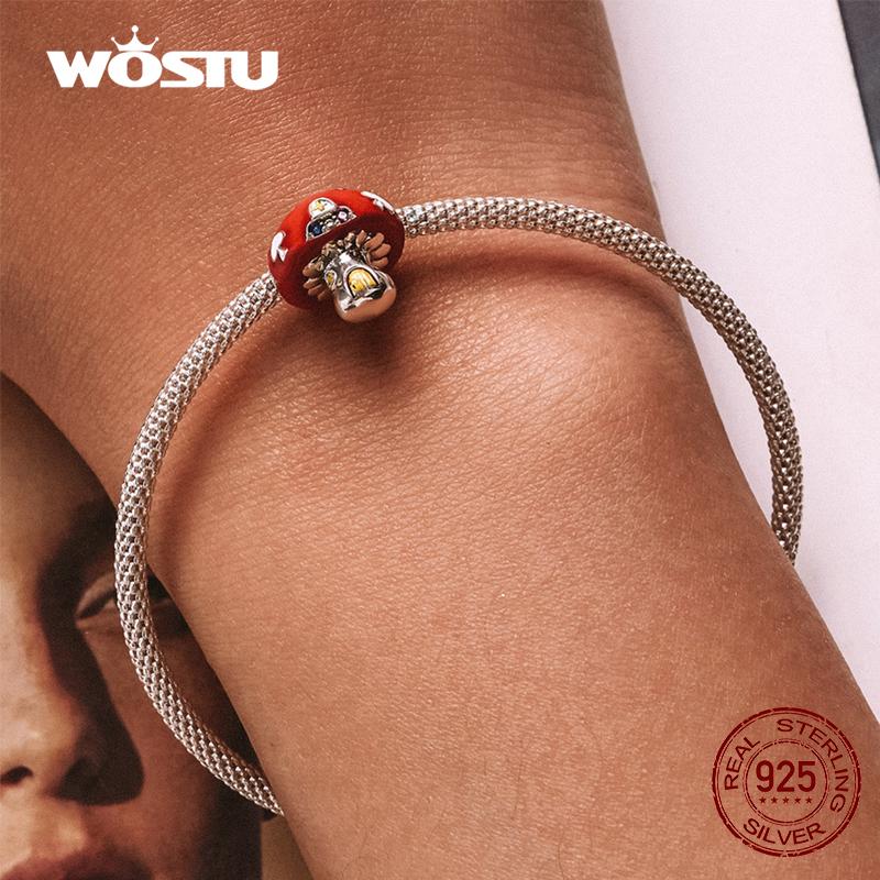 WOSTU Breloques en forme de champignon rouge en argent sterling 925 pour femme, adaptées aux bracelets originaux à faire soi-même, bijoux d'anniversaire, cadeaux