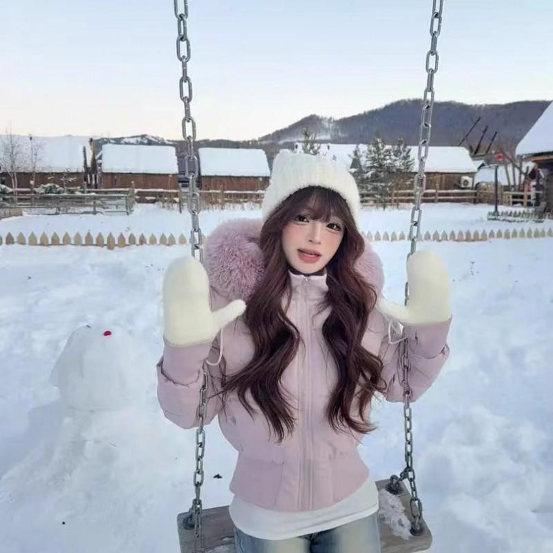 Cappotto invernale da donna in cotone con colletto in pelliccia sintetica, vestibilità slim, spesso, caldo, con cappuccio, parka