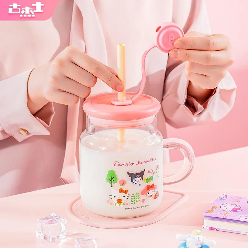 For Sanrio High Borosilicate Glass Straw Glass Cup Heat-resistant Water Mug with Handle Cartoon Pattern Cold&Hot Drink Juice Cup