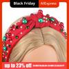 Wide Edge Christmas Hairband Fashion Hair Jewelry Rhinestone Knot Headband Red Green Imitation Pearl Crystal Beads Hair Band