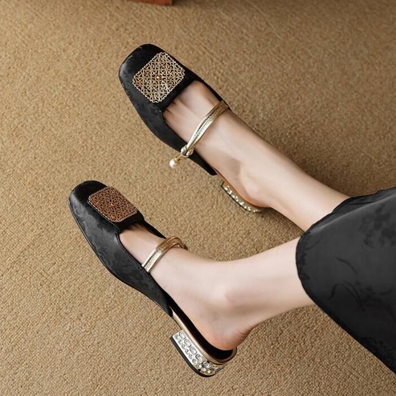 Fashion Crystal Luxury Square Toe Slippers Women Sandals High Heels Mules Shoes Summer Designer 2025 Brand Sexy Chunky Pumps Flip Flops