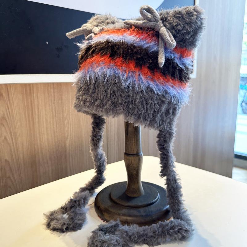 Cute Plush Hat Women's Autumn and Winter Colorful Fringed Braids Knitted Pullover Hat Ear Protector