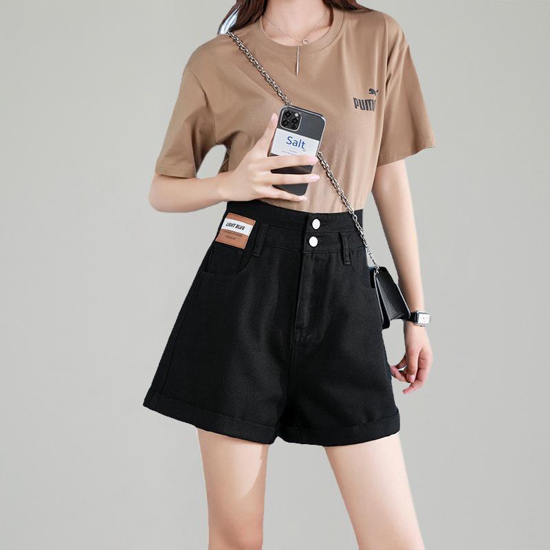 Women's High Waist Denim Shorts - Summer Thin Style, Double Button, Patchwork, Rolled Hem, A-line Wide Leg, Loose Fit, Slimming Hot Pants