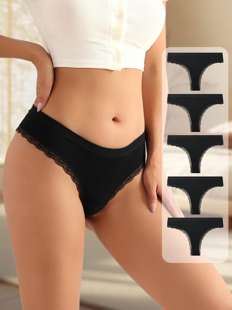 5Pcs Women Thongs Sexy Lace Panties Low Waist Underwear Girls Briefs G-String Breathable Ladies Panty Black Female Lingerie S-XL