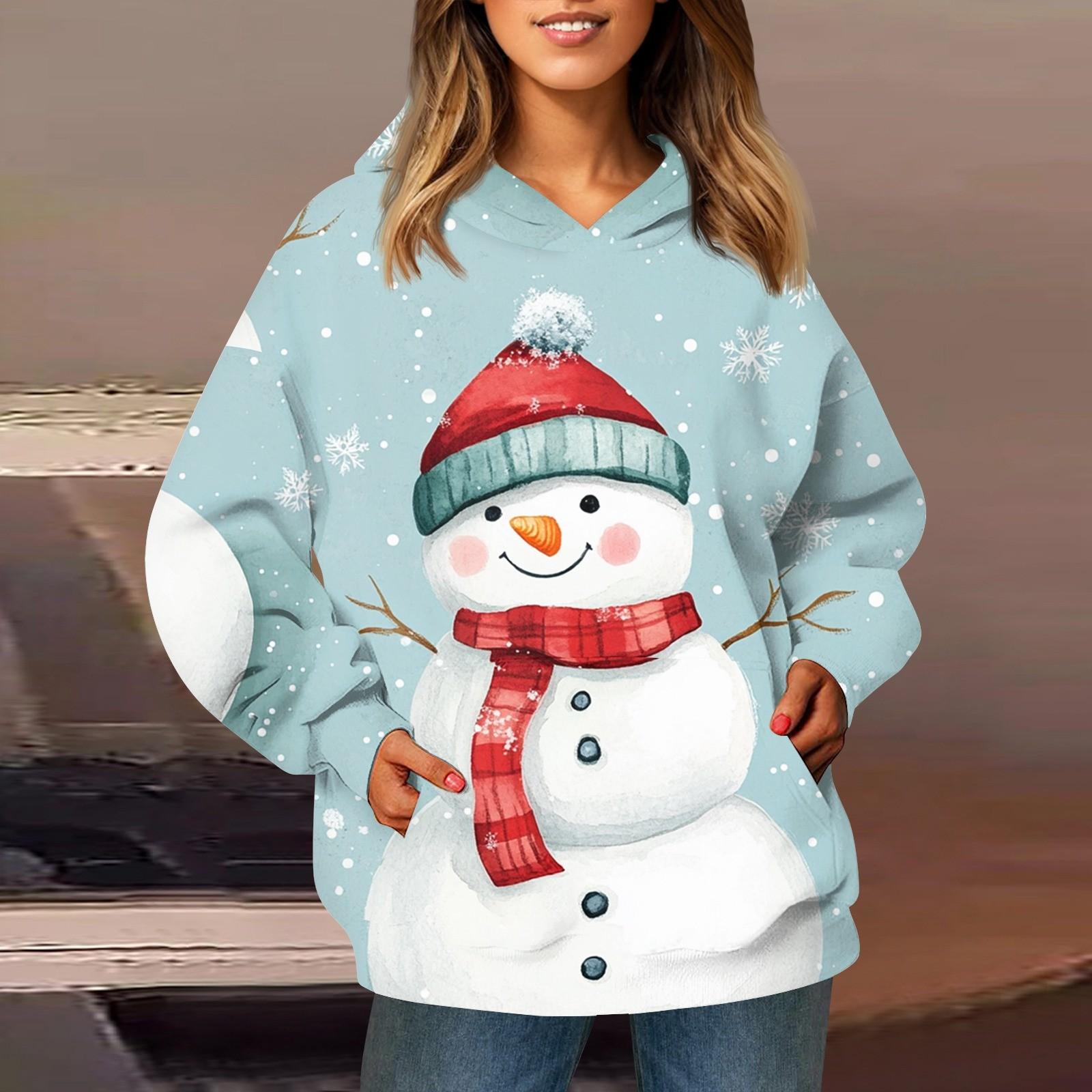

Женская модная толстовка с длинным рукавом, рождественский принт «Снеговик», «Снежинка», с капюшоном и карманом S