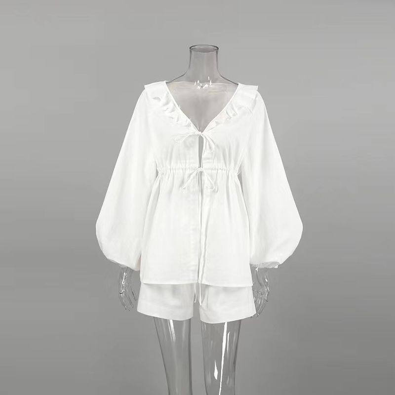 

Fashion Style Summer Lantern Sleeve V Neck Tops Shorts Two-piece Set Lace up Top and Shorts Set White S