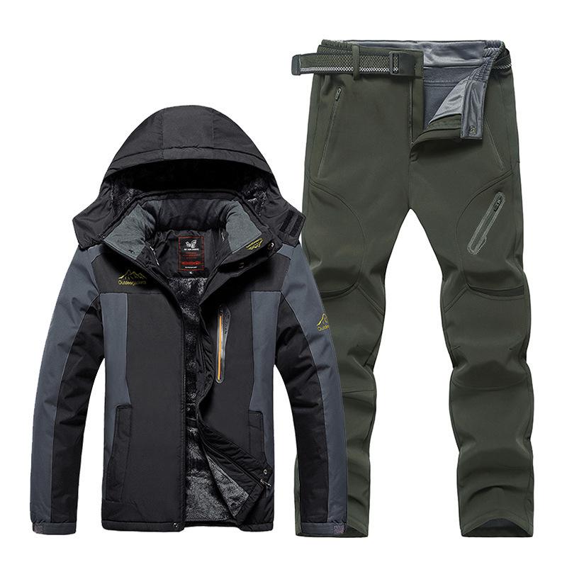 Men's 2023 Winter Hooded Ski Suit with Fleece Lining - Thick, Waterproof & Windproof Pants Set