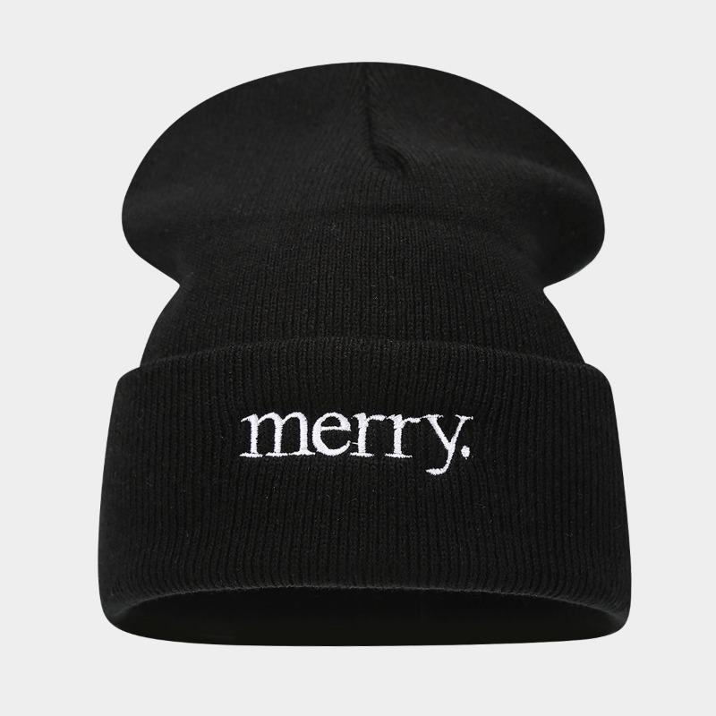 

Простая веселая вышивка вязаная холодная шапка мужская и женская трендовая шапка-бини осень-зима уличная черно-белая шерстяная шапка M（56-58cm）