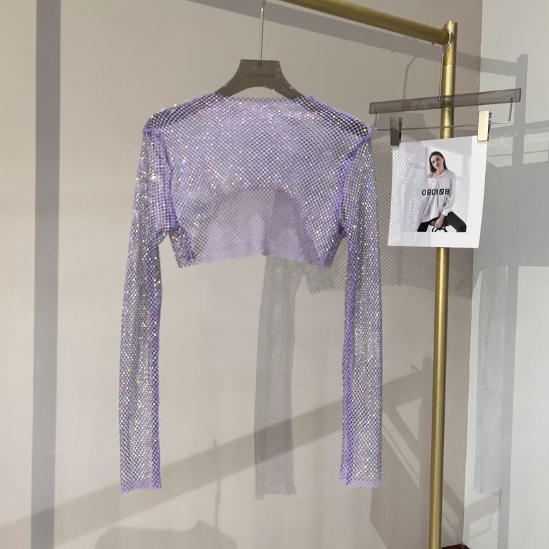 Sparkling Mesh Diamond Sun Protection Long Sleeve Party Top
