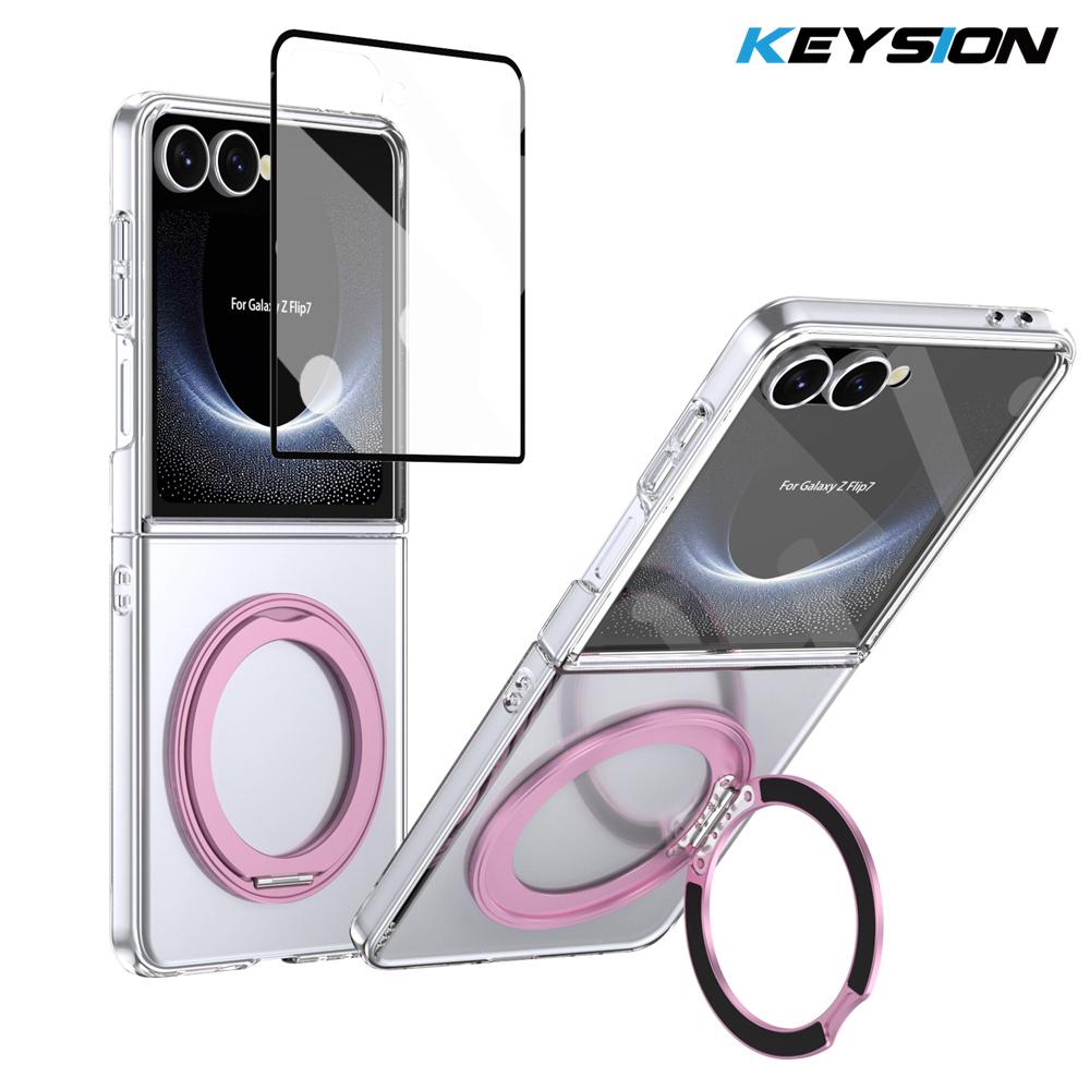 

KEYSION Чехол-подставка с магнитным кольцом, вращающимся на 360°, для Samsung Galaxy Z Flip 7 5G, прозрачная поликарбонатная крышка для телефона с защитой экрана for Galaxy Z Flip 7 розовый
