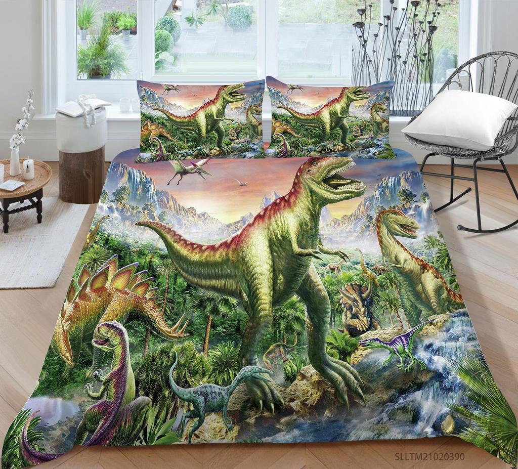 Fierce Beast Dinosaur Print Bedding Quilt Cover and Pillowcase Full-size Color Cartoon Dinosaur Pattern Comfortable and Luxurious Home Decoration