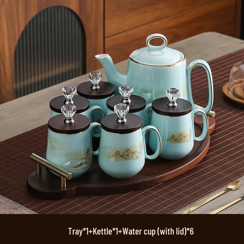 Handun Ceramic Tea Set with Walnut Base