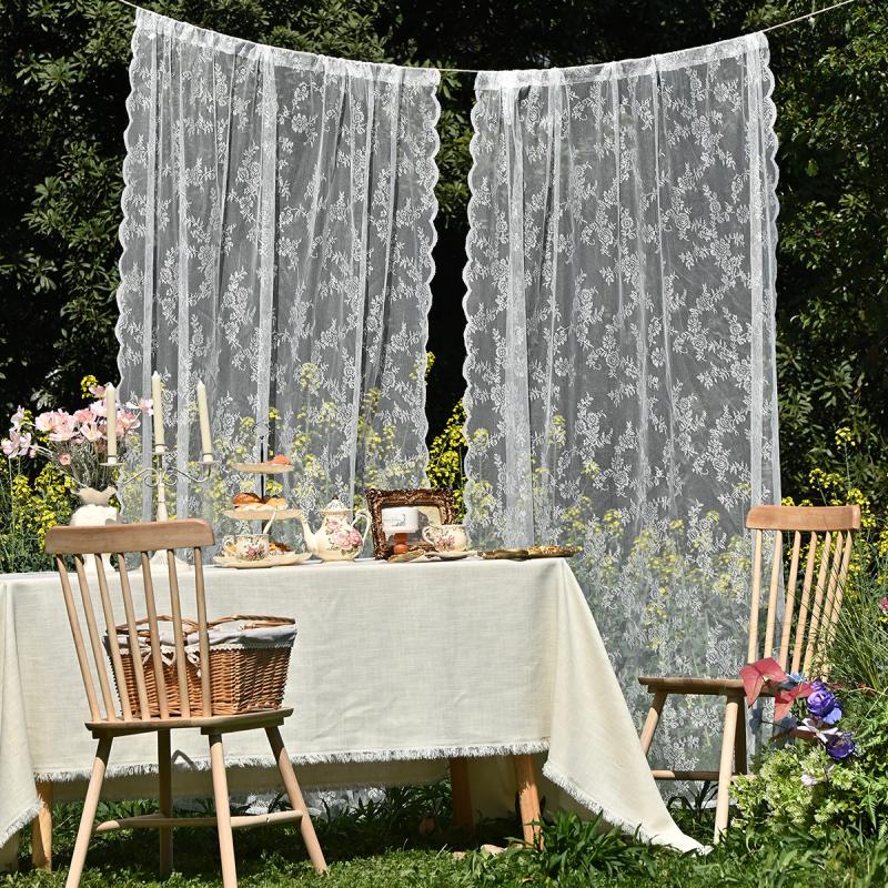 Warp Knit Lace Trimmed Rod Pocket Sheer Curtains Outdoor Ready To Hang Scalloped Valance Romantic Home Decor