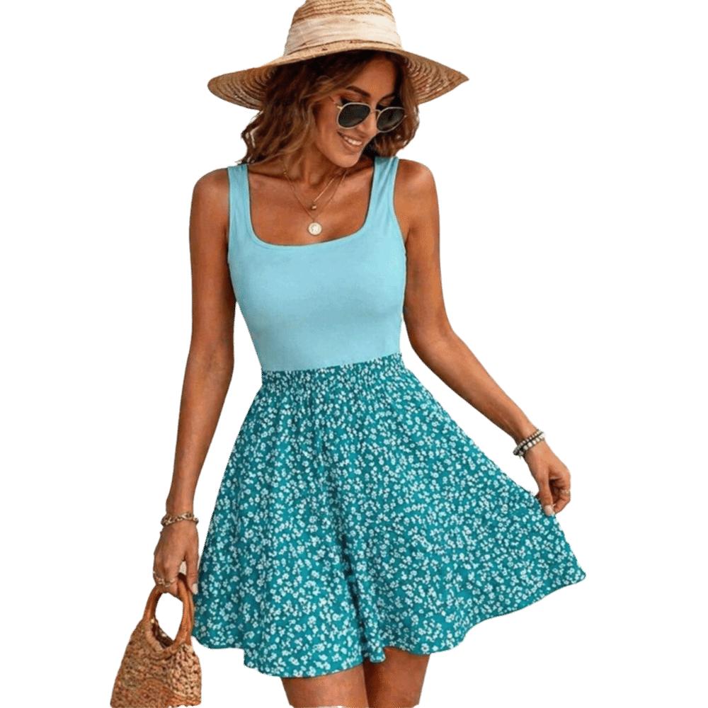 Elegant French-Style Flower Vest Dress Square Neck Solid Color Summer Dress Patchwork Design Beach Wear Floral Print Skirt Beach
