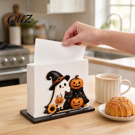 Wooden Napkin Dispenser Halloween Holder for Table, Ghost Pumpkin Black Cat Standing Stand Dispenser, Paper Towel Kitchen Dining Table Decorative