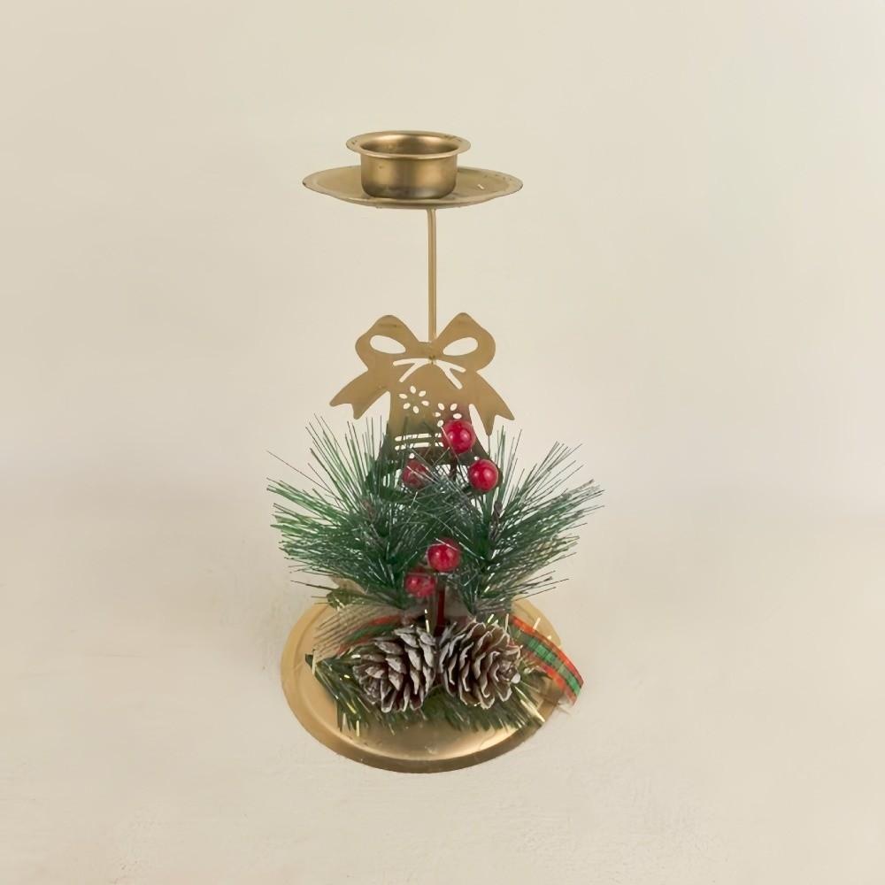 Vintage Golden Christmas Candle Holder Snowflake Xmas Tree Iron Candlestick Simulated Pine Needles Desktop Ornament Festive