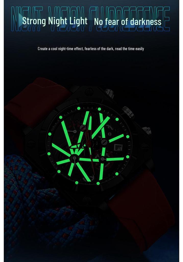 OFNS Men's Six-Needle Chronograph Quartz Watch with Luminous Bar Markers, Square Face, Waterproof, and Calendar.