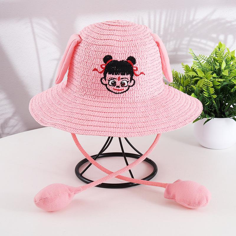 Ears move rabbit hat scenic cartoon cute children's straw hat summer sun protection Nezha sun hat airbag hat
