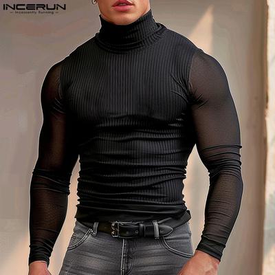 Men Turtleneck Mesh Patchwork Long Sleeve Knitted Fitted Tops