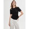 ELLE Women's Black Mulberry Silk Blend Irregular Pleated Short Sleeve T-shirt
