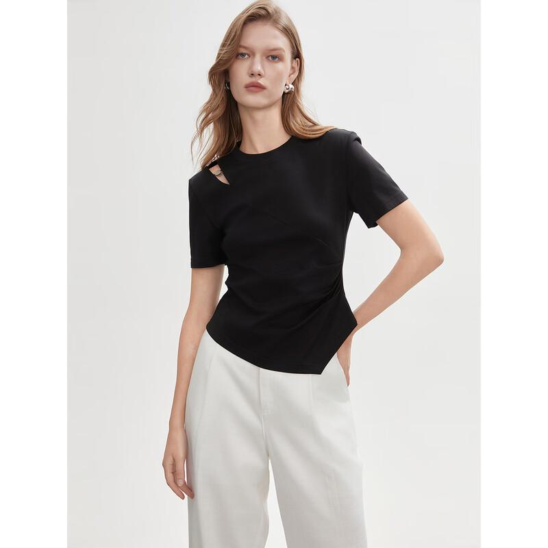 ELLE Women's Black Mulberry Silk Blend Irregular Pleated Short Sleeve T-shirt
