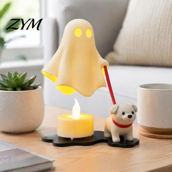 3D Printed Home Decor Halloween Ghost Walking Dog Figurine, Cute Spooky Statue with Modern Bedroom Shelf LED Candle, Tabletop Ornament for Holiday