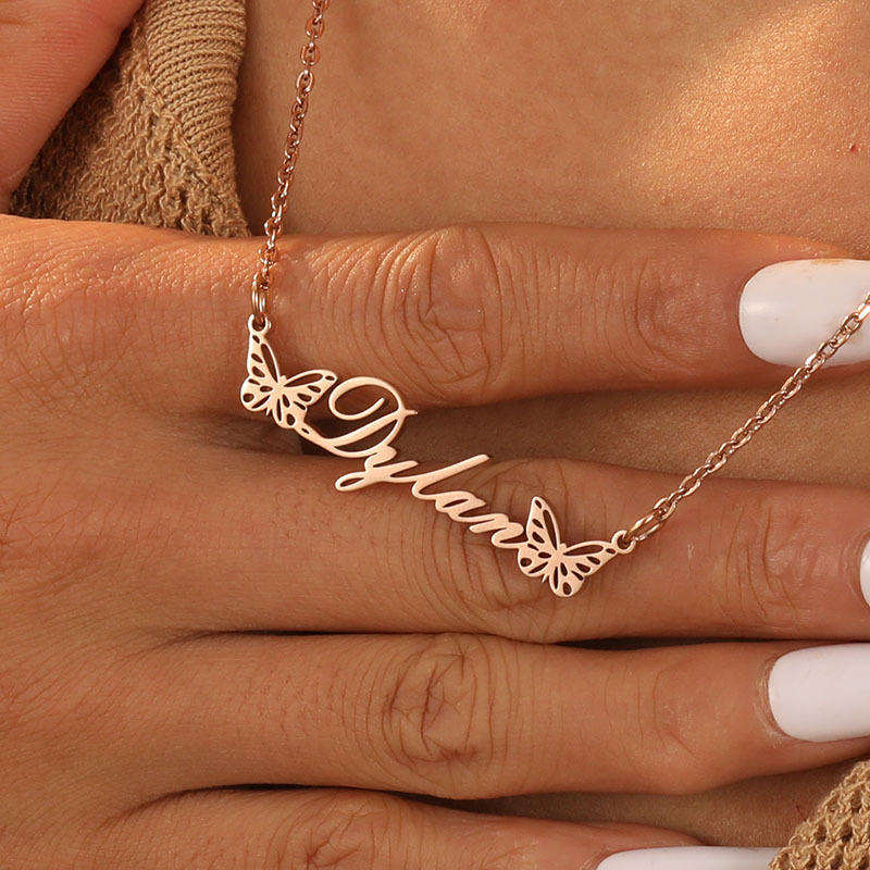 Custom Popular Butterfly Pendant Stainless Steel Jewelry Letters Name Fashion Girl Necklace