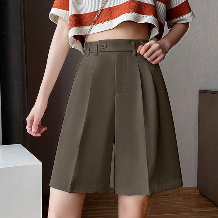 Women's High-Waist Black Bermuda Shorts: Summer, Loose, Straight-Leg, Slimming A-Line, Hong Kong Style.