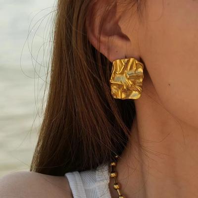 Square Fold Textured Large Stud Earrings Gold Color Fashion Earrings For Women Chic Geometric Temperament Jewelry