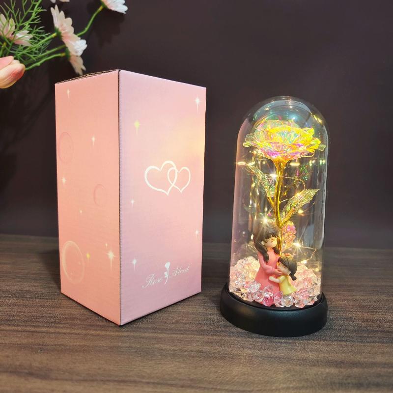 1Pcs Led Light Foil Flower In Acrylic Cover Rose Artificial Flower Acrylic Cover Decor Wedding Valentine'S Day Mother'S Gift